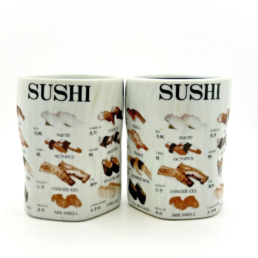 Vintage Japanese Sushi Yunomi Tea Cups Pair 4" Fish Kanji Terminology Ceramic 2